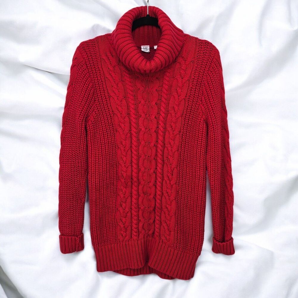 GAP Cable Knit Turtleneck Tunic Sweater Red Size Large Classic Chunky Knit Chic